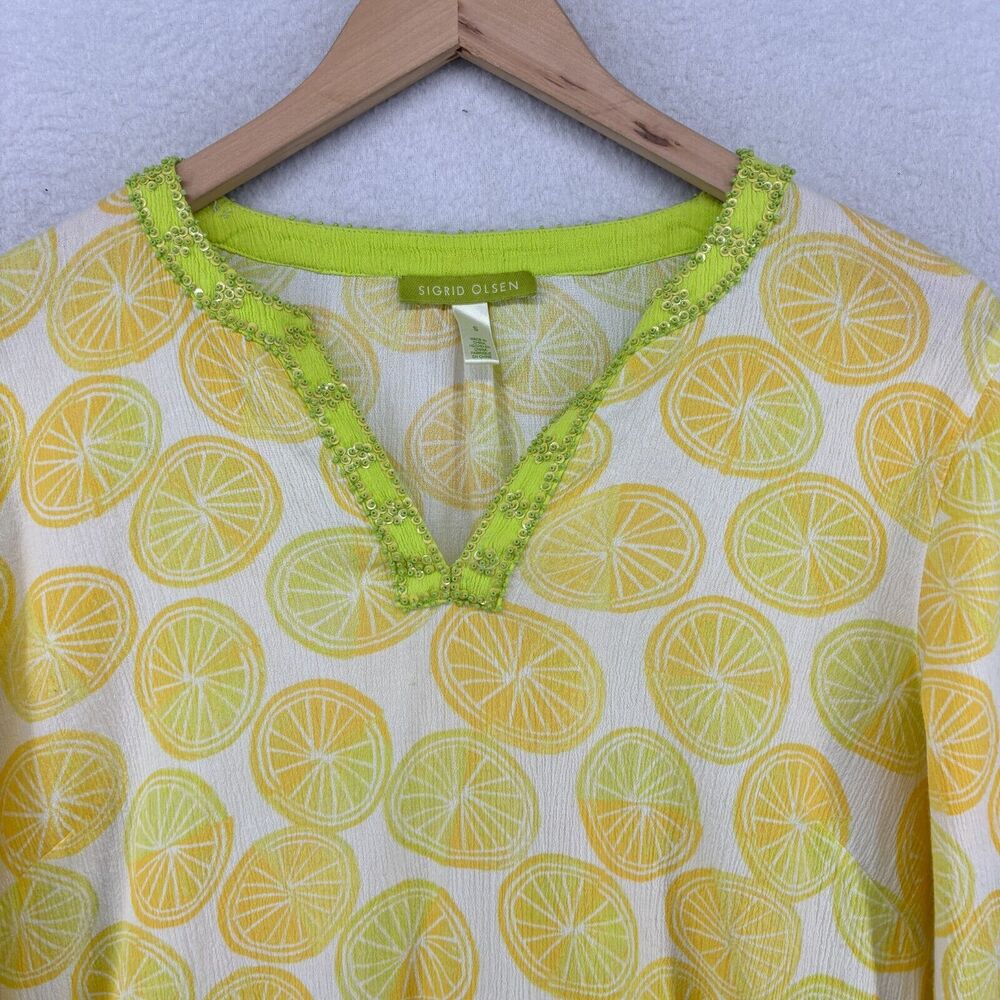 Sigrid Olsen Top S Lemon Print Crinkle Gauze V-Ne… - image 4